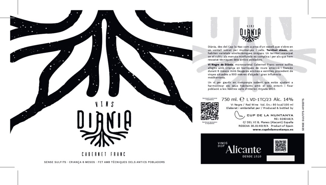 Vino tinto Diània cabernet franc madurado barrica 6 meses. Natural sin sulfitos
